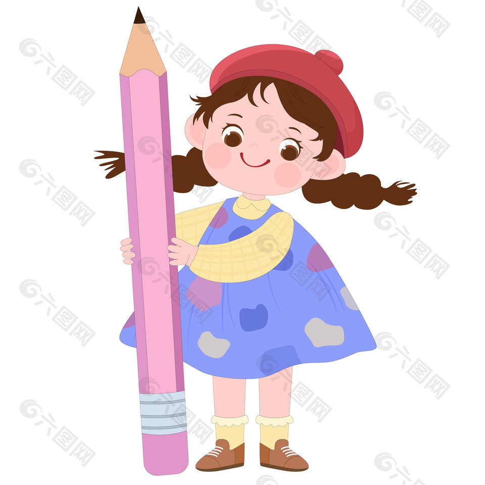 甜美可爱女孩拿着铅笔卡通插画