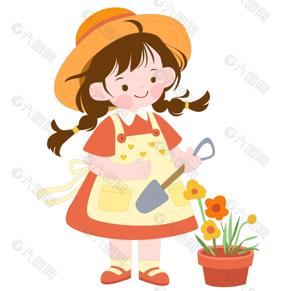 可爱小女生种植花草手绘卡通插画