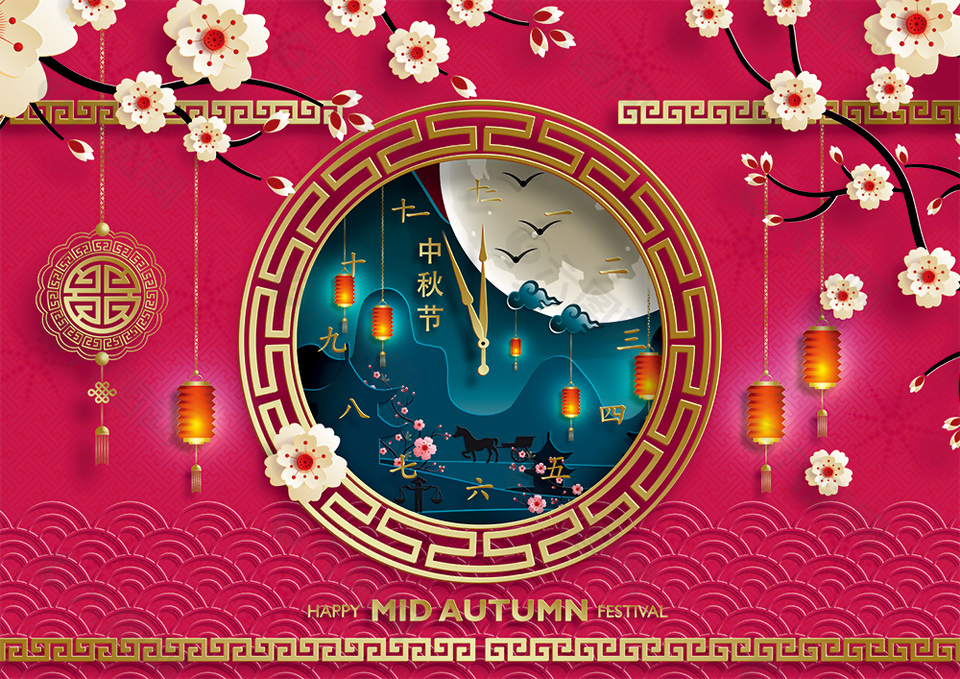 古典国风中秋节晚会舞台背景展板