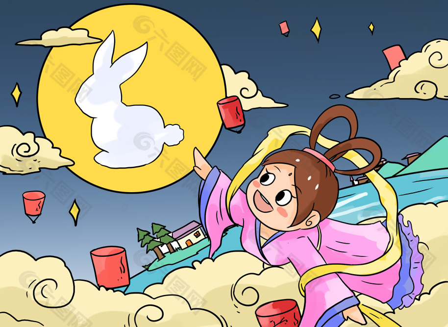 卡通创意嫦娥奔月中秋插画