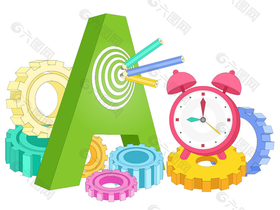卡通闹钟彩色齿轮铅笔投标时间管理矢量插图
