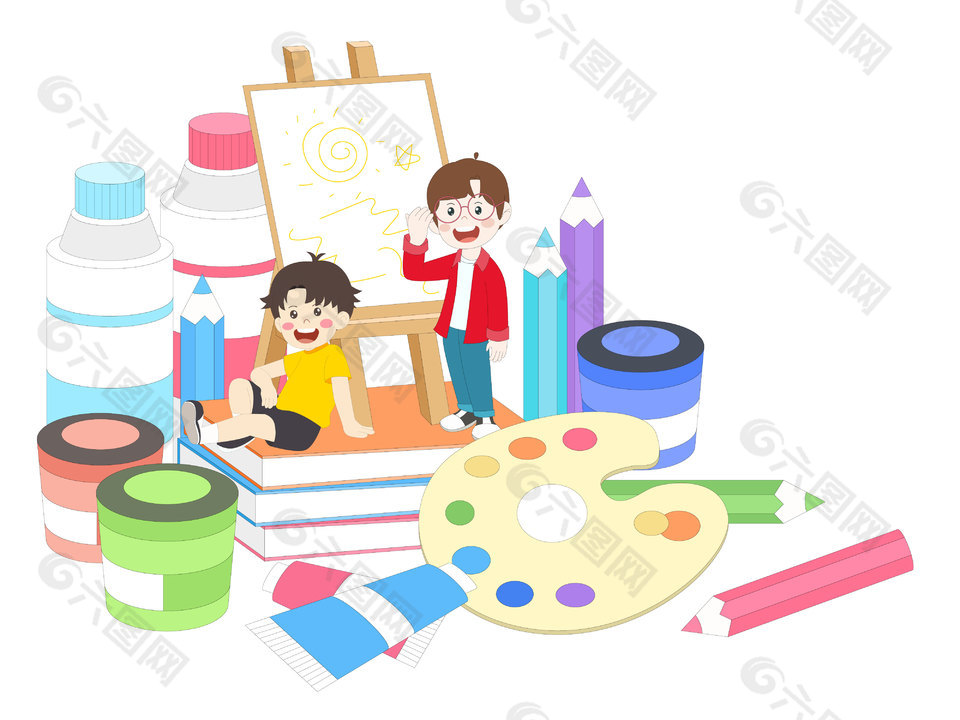 卡通儿童美术课彩色颜料铅笔画板文具插图