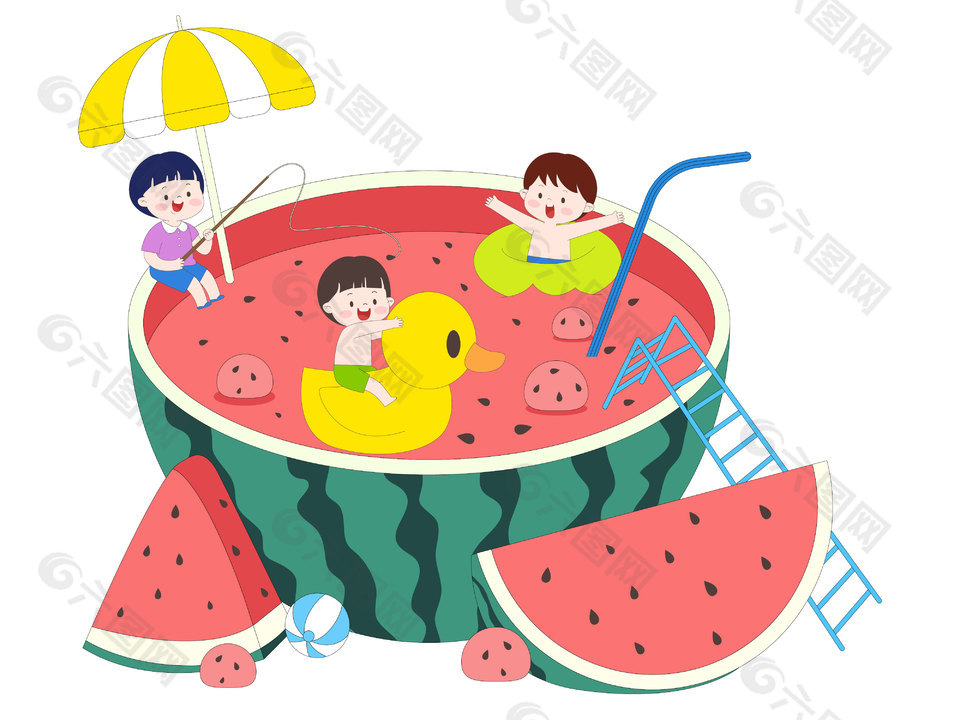 手绘卡通夏季西瓜泳池游泳趣味插图