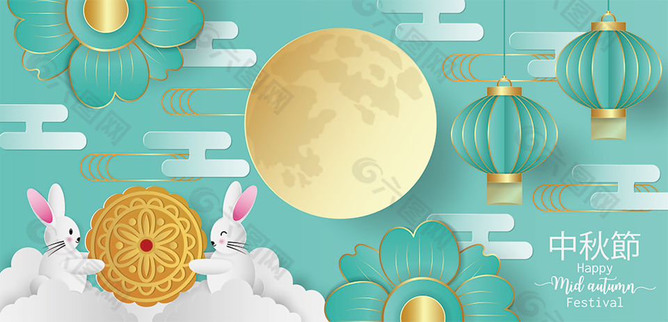 绿色国风月圆兔子月饼包装设计