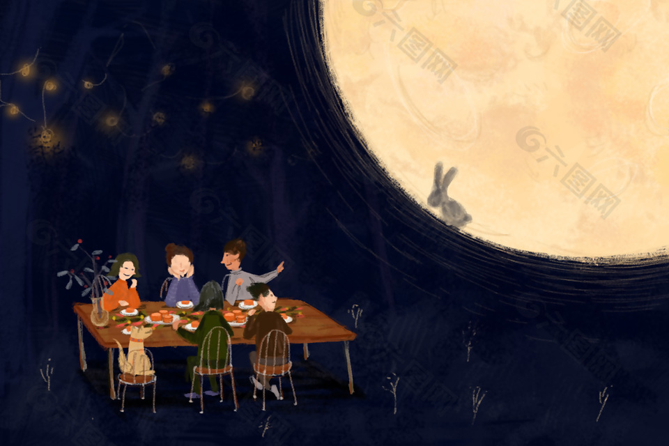 温馨治愈阖家团圆中秋夜插画