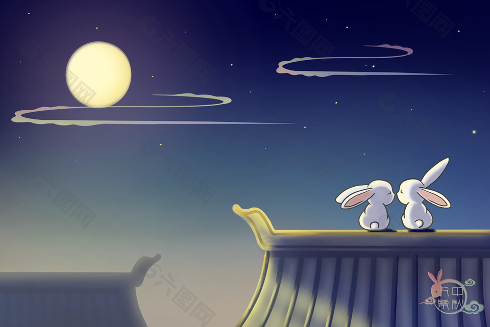 温馨可爱玉兔赏月中秋插画