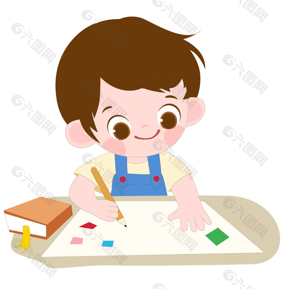 课桌前认真绘画的小朋友场景插画