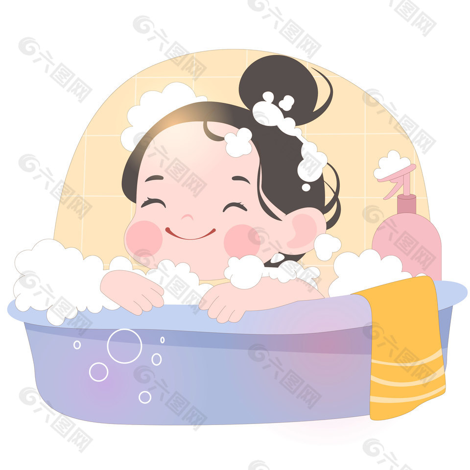 卡通风女孩洗澡泡泡浴养成良好生活习惯插画