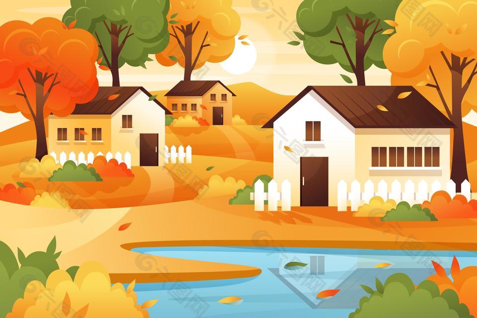 秋季唯美落叶纷飞风景插画