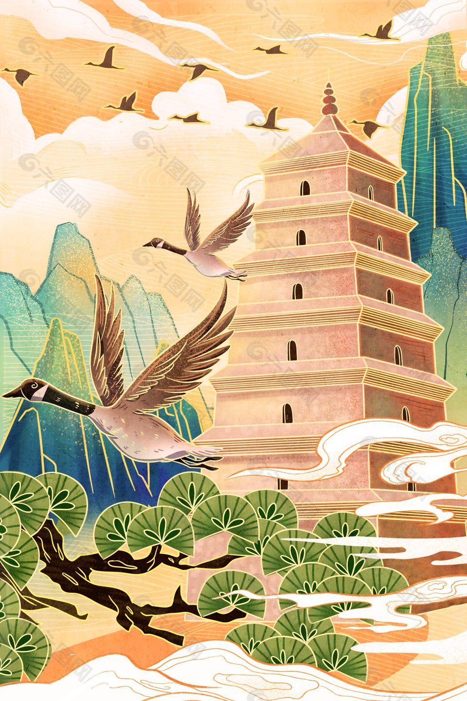国潮风大雁古塔风景插画