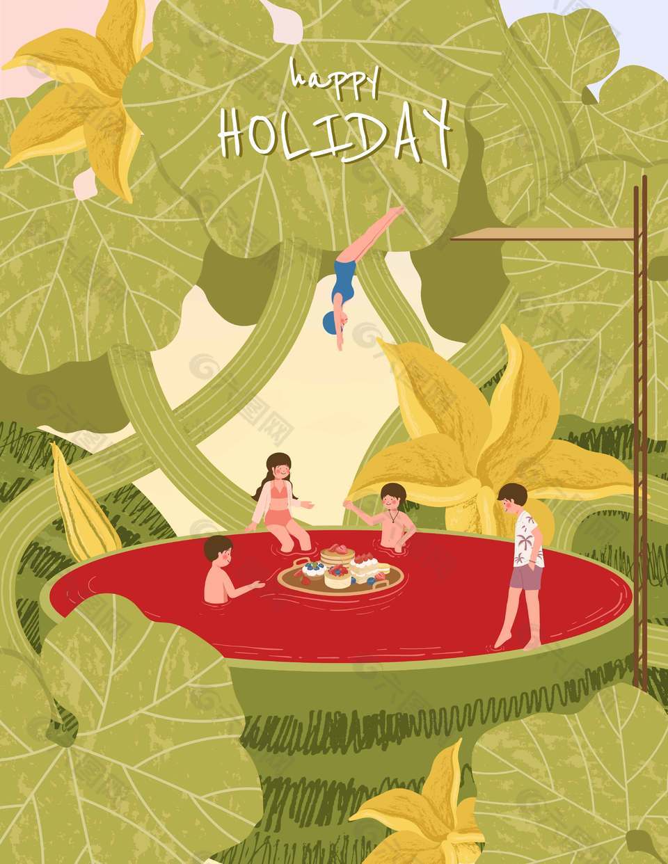 快乐假期西瓜地里度假卡通插画
