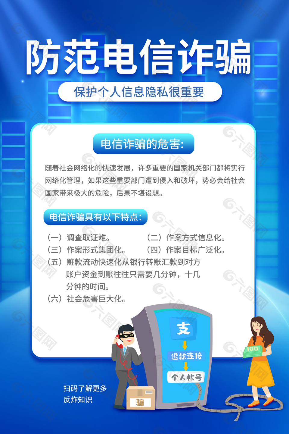 蓝色高端防范电信诈骗宣传海报
