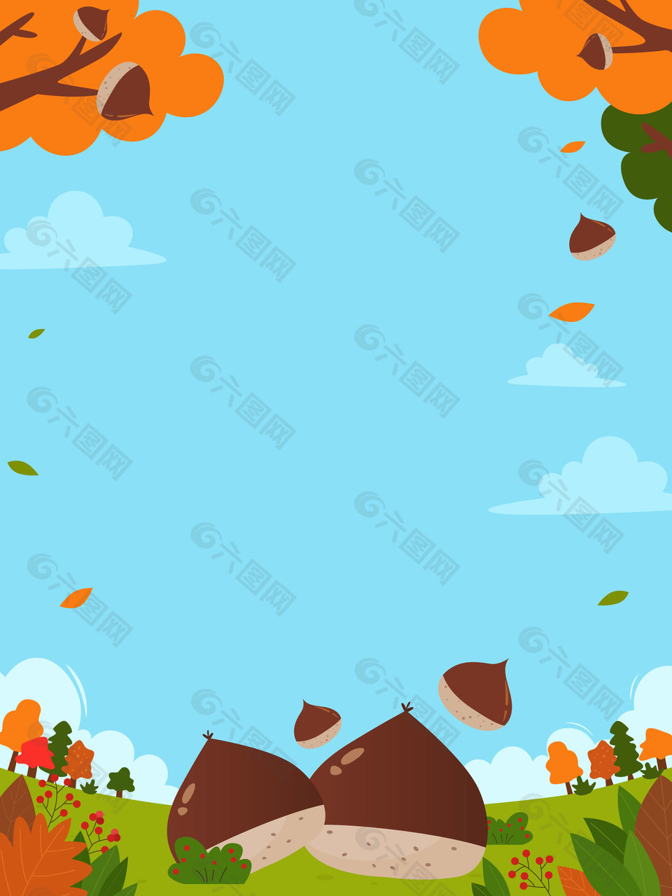 掉落的栗子秋季丰收主题卡通插画背景