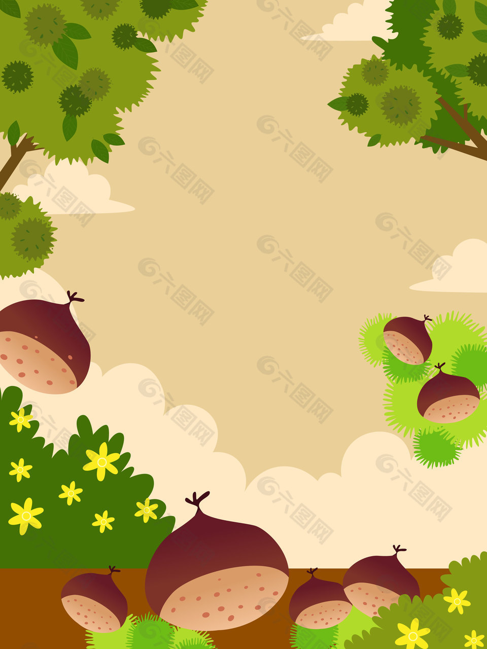 丰收季节结满果实的板栗树卡通背景插画