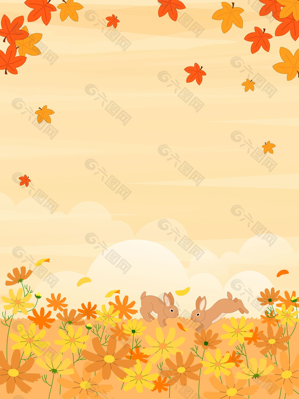 秋日里花丛中的兔子开心玩耍背景插画