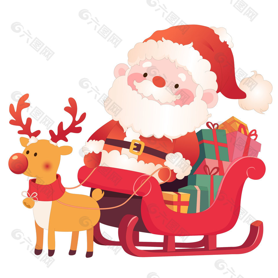 圣诞节圣诞老人坐麋鹿雪橇车送礼物卡通插画