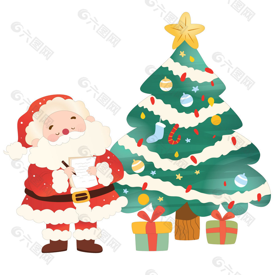 圣诞节圣诞老人圣诞树下送礼物节日插画