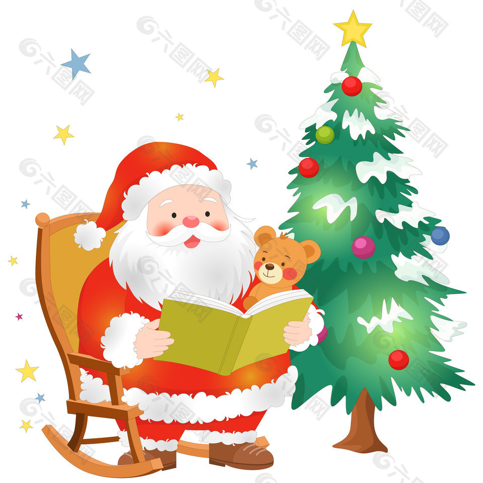 可爱卡通圣诞老人树下看书插画