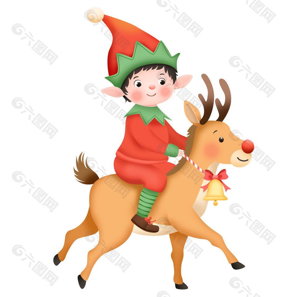 圣诞卡通小精灵男孩骑鹿奔跑童趣插画