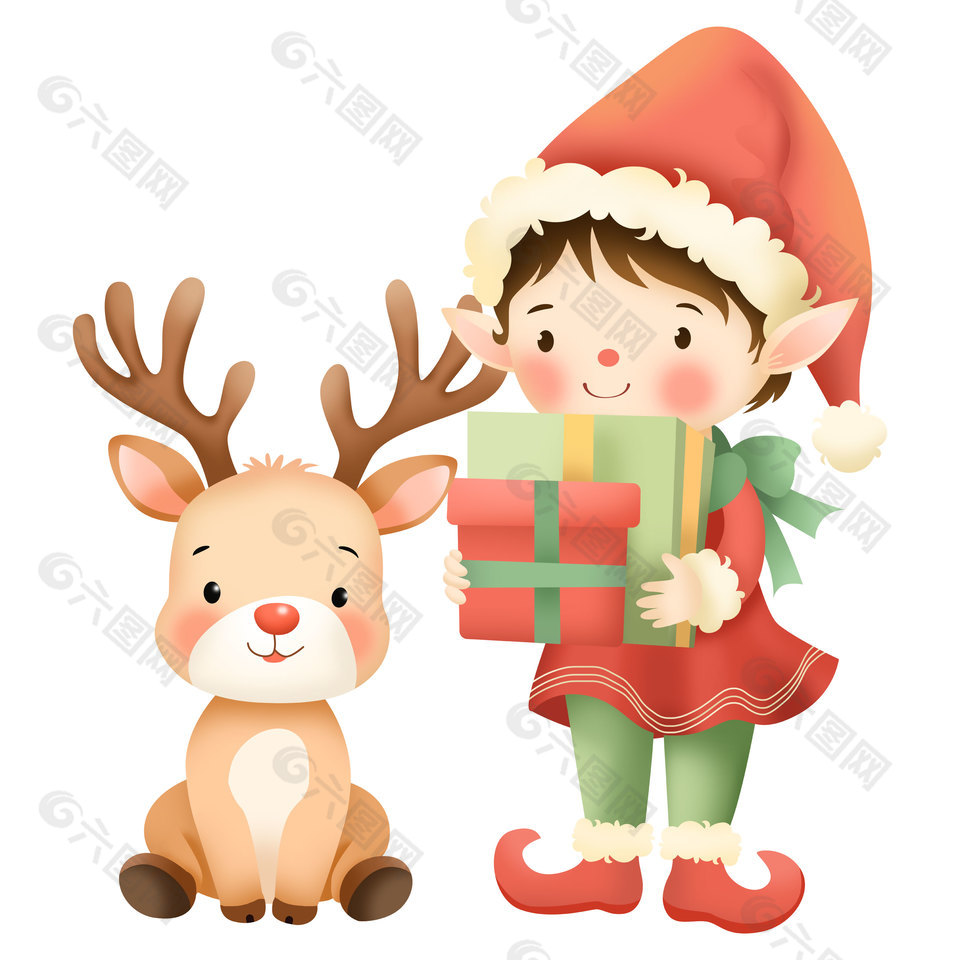 卡通风圣诞节精灵女孩和驯鹿童趣插画