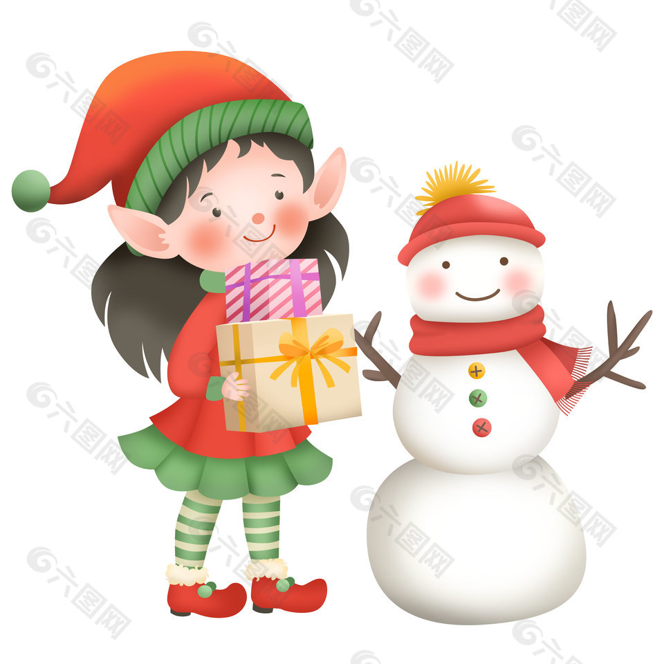 圣诞节卡通精灵女孩雪人礼盒童趣插画