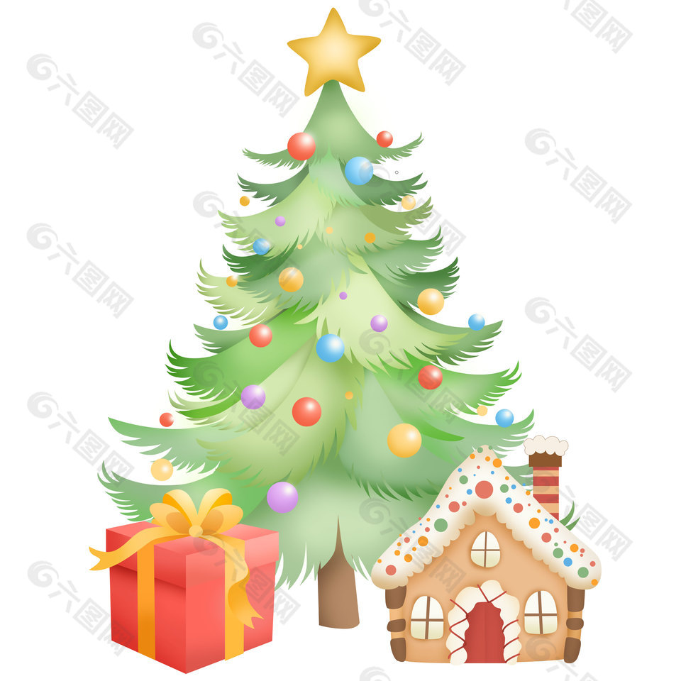 可爱卡通风圣诞树下礼盒姜饼屋童趣插画