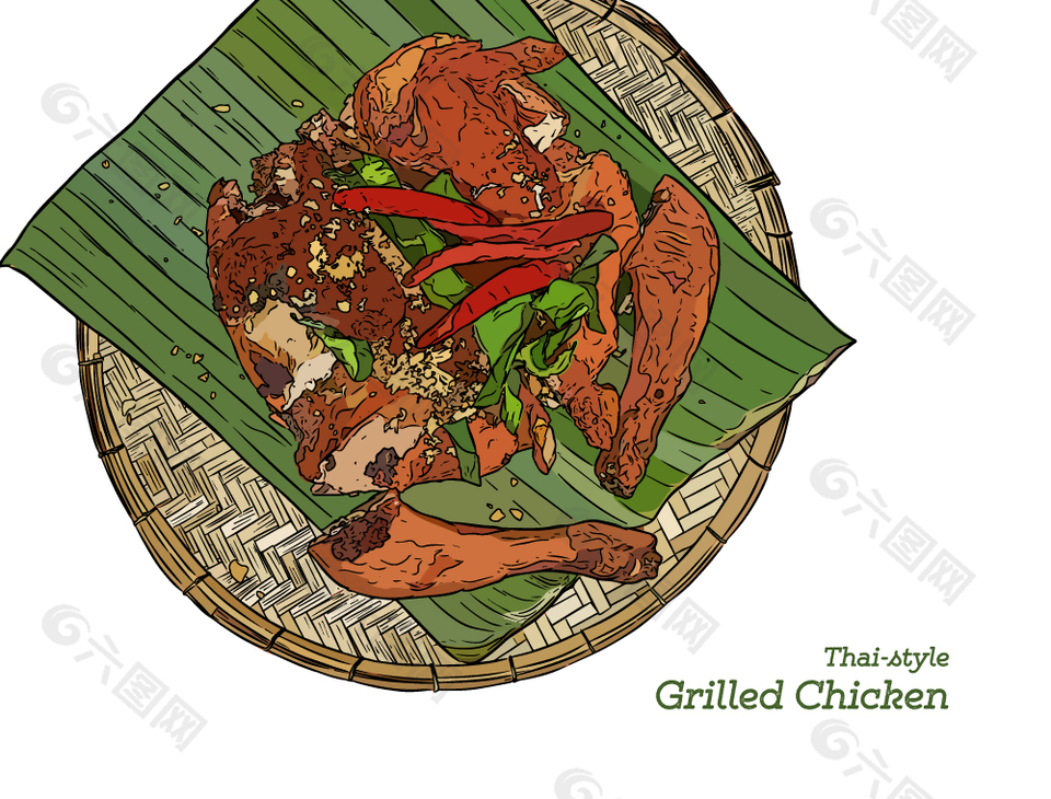 手绘清新创意泰式烤鸡美食插画