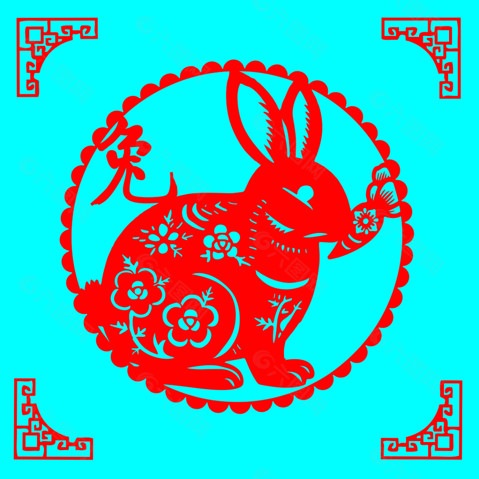 中国传统非遗剪纸兔子图案