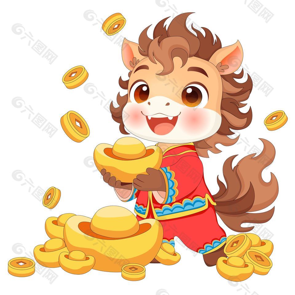 马年春节小马驹送元宝节日插画