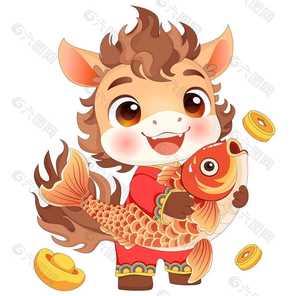 迎新春小马驹抱鱼传统节日插画
