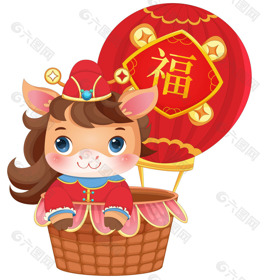 春节小马驹坐福字热气球传统节日插画