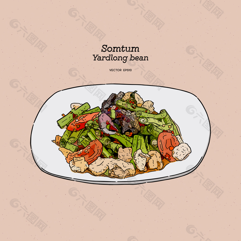 清新手绘泰式芦笋沙拉美食插画