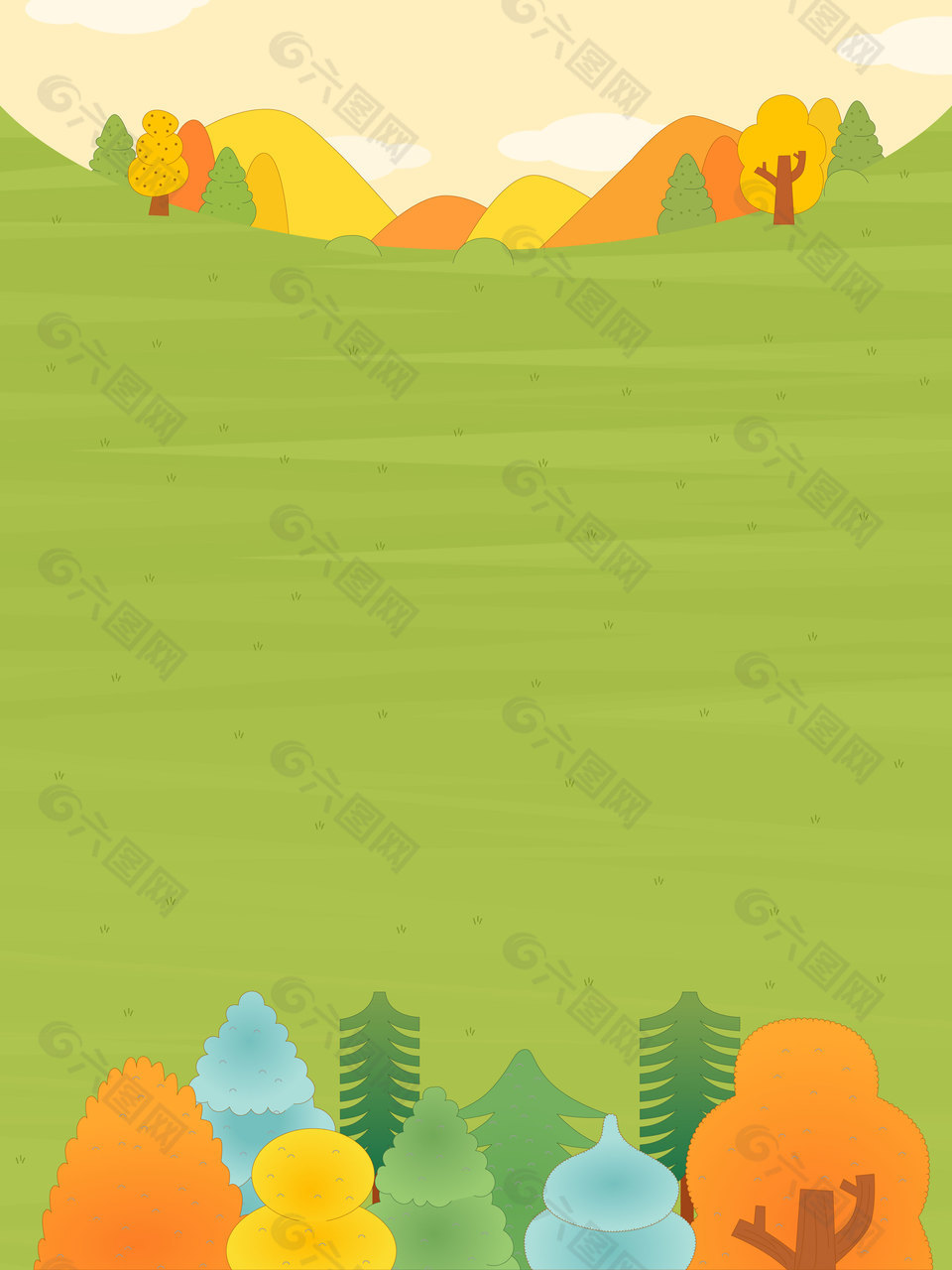 卡通版秋季草地树林自然风景插画边框