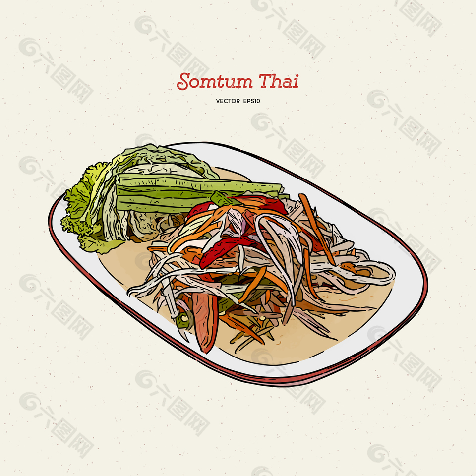 手绘清新泰式传统美食料理插画