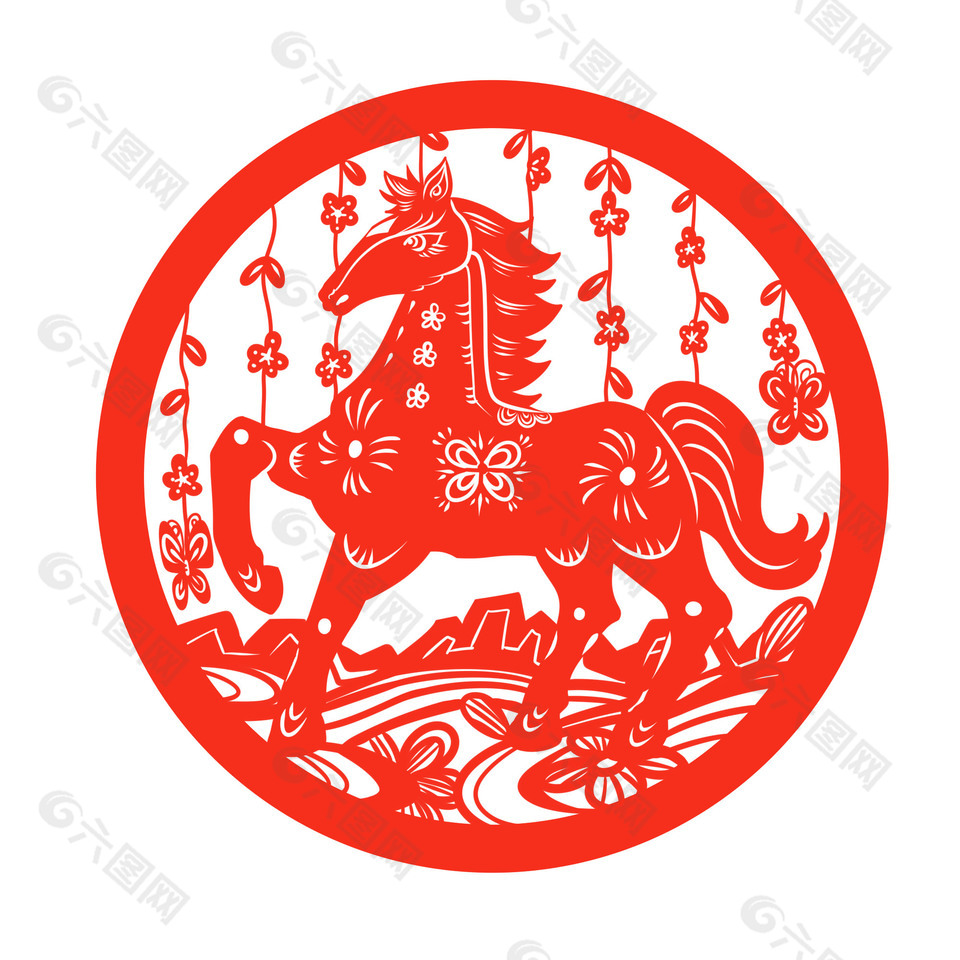 红色喜庆马年生肖马窗贴设计