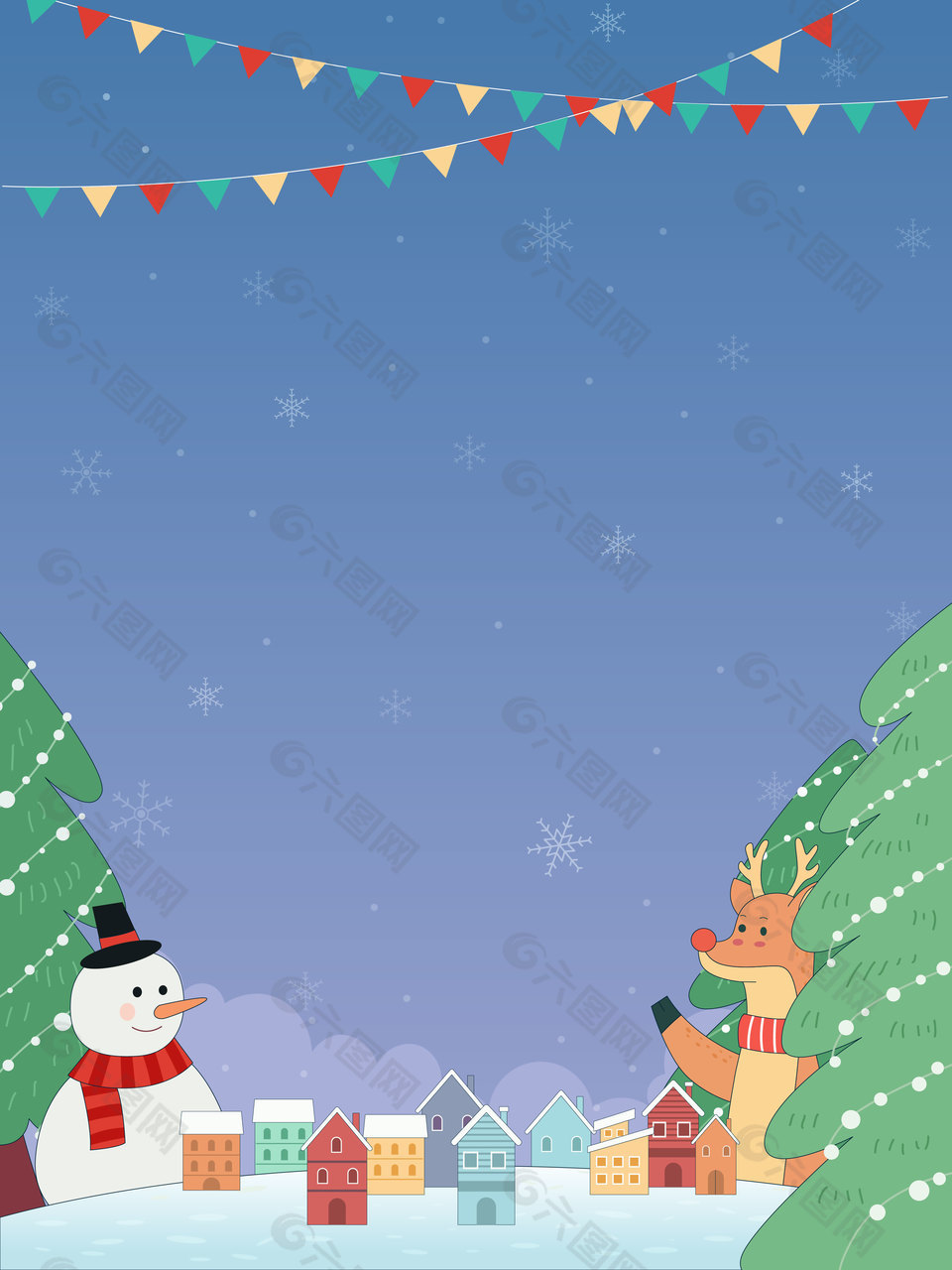 圣诞节雪夜圣诞树驯鹿卡通节日插画