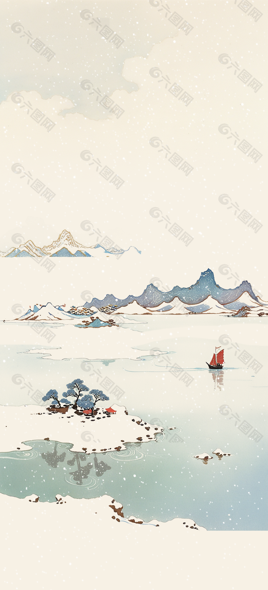 简约艺术风格冬日里的湖泊背景插画设计