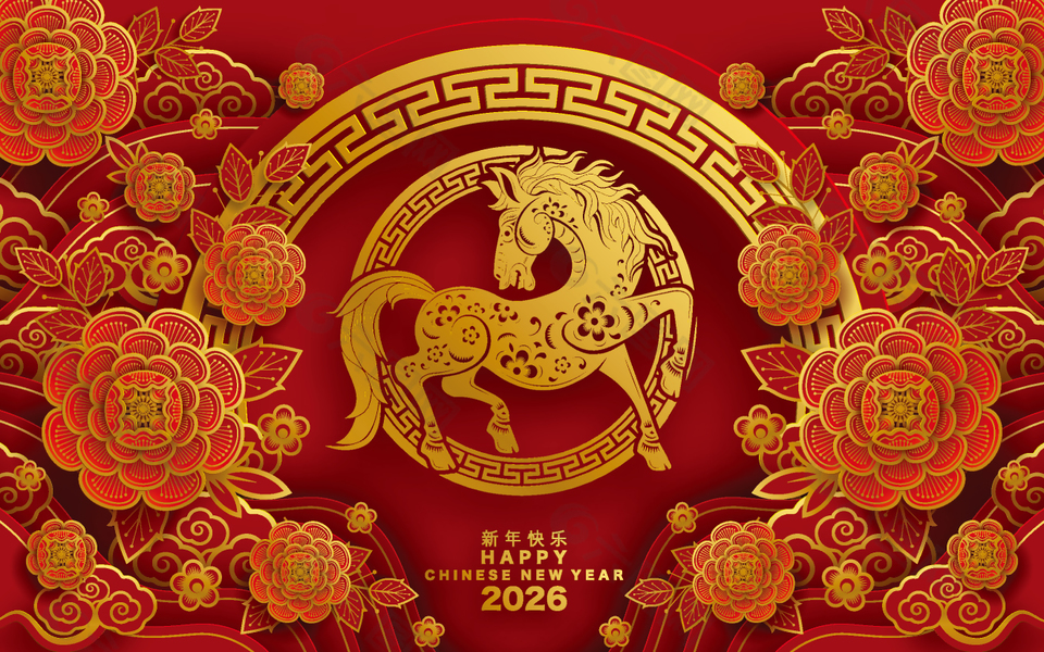 国潮鎏金风马年春节新年展板