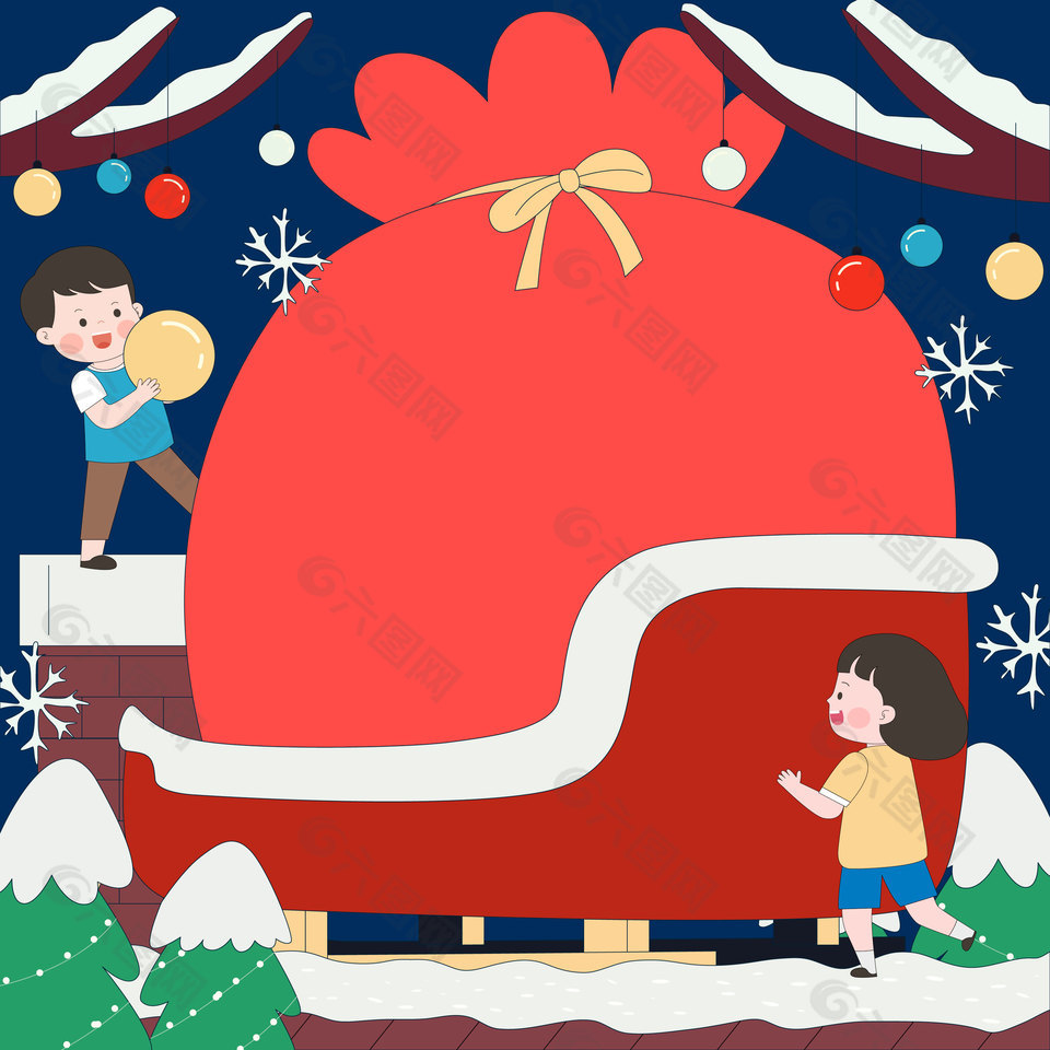 小朋友雪地庆祝圣诞节边框插画