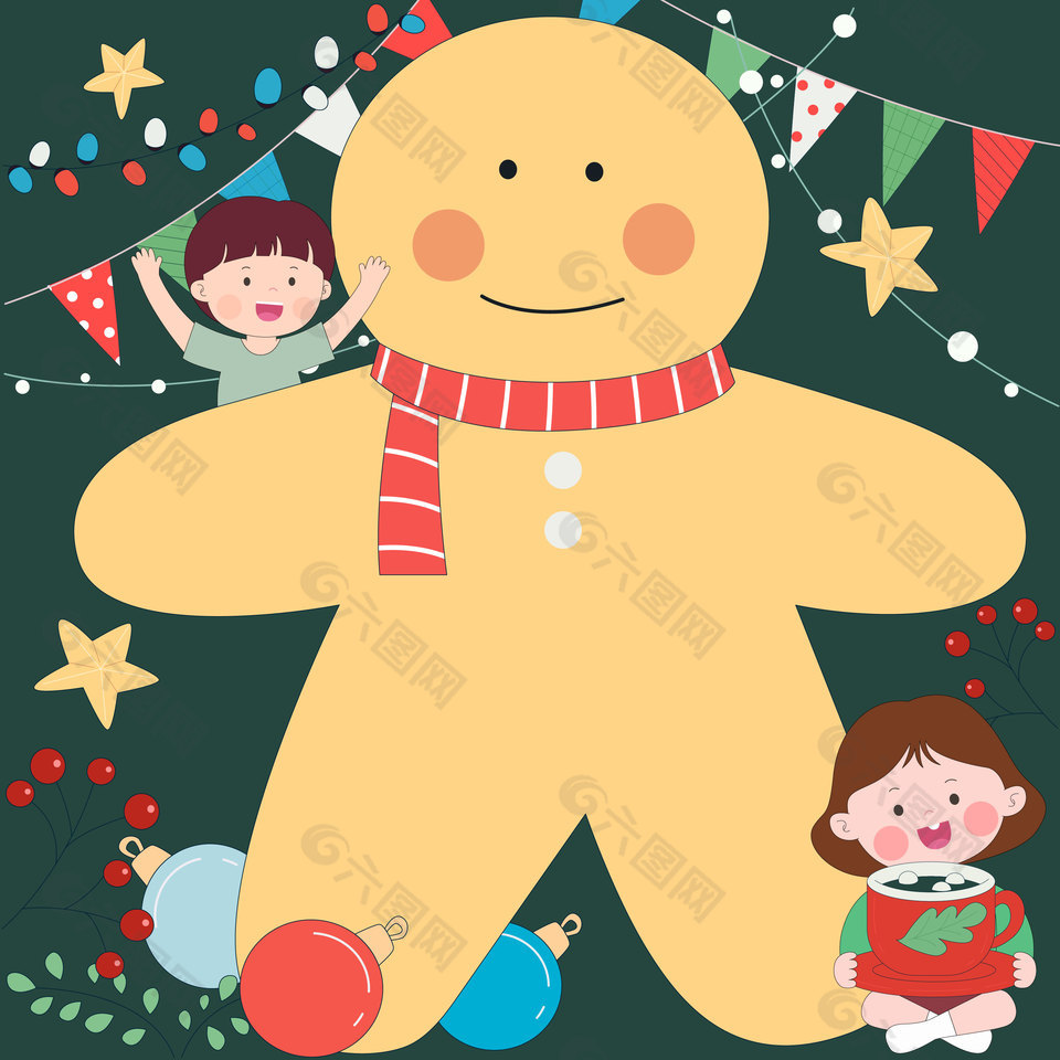 小朋友和姜饼人欢庆圣诞节边框插画