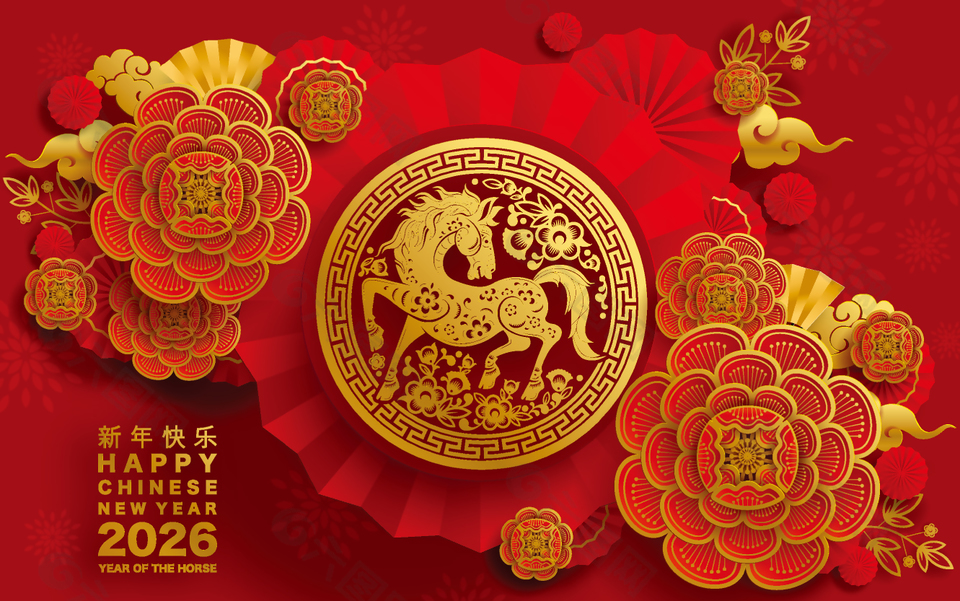 喜庆马年春节新年快乐剪纸风展板