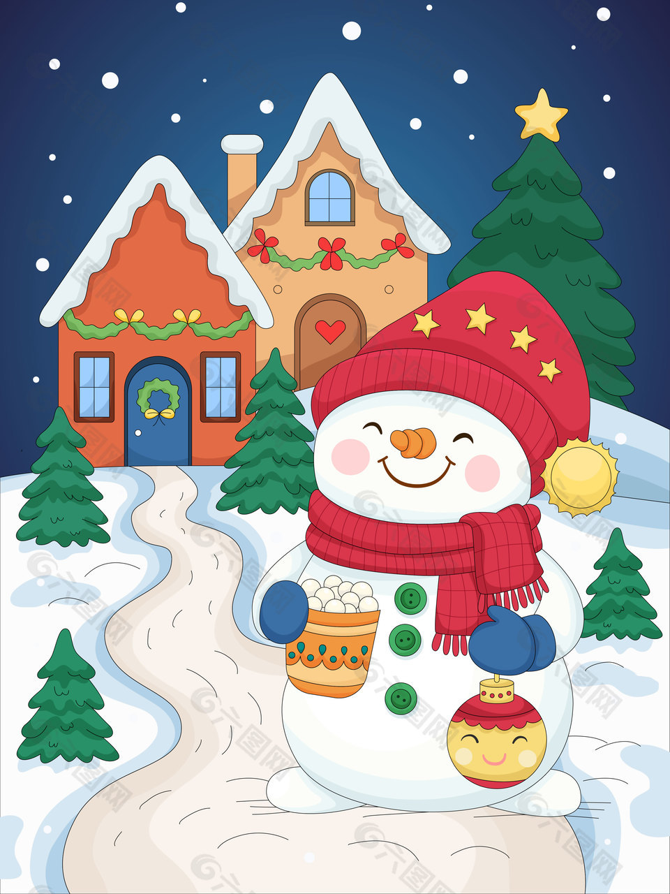圣诞节姜饼屋戴帽子围巾雪人卡通插画