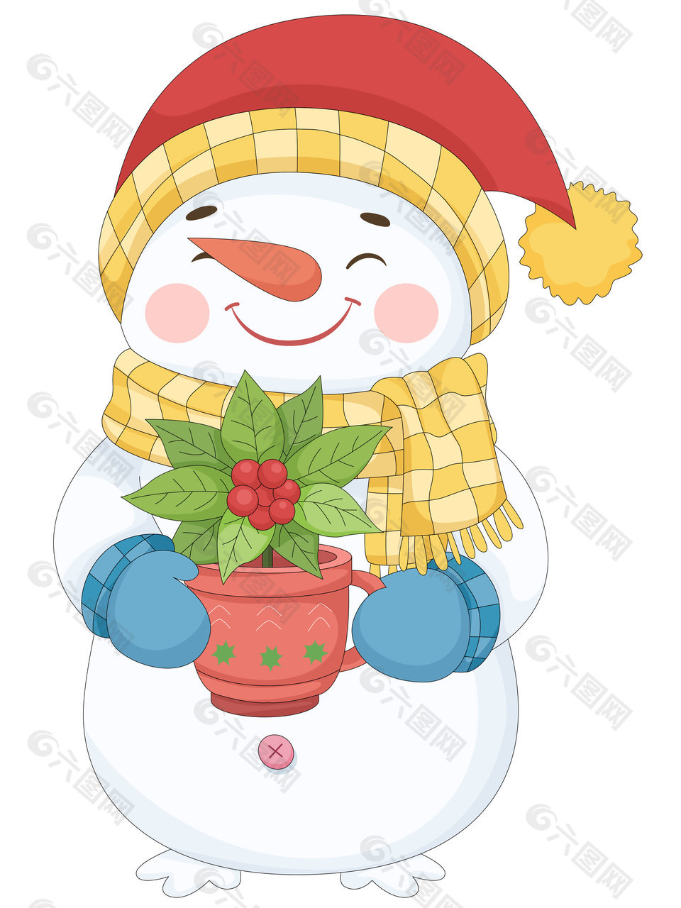 冬季可爱拿盆栽雪人戴帽子围巾卡通插画