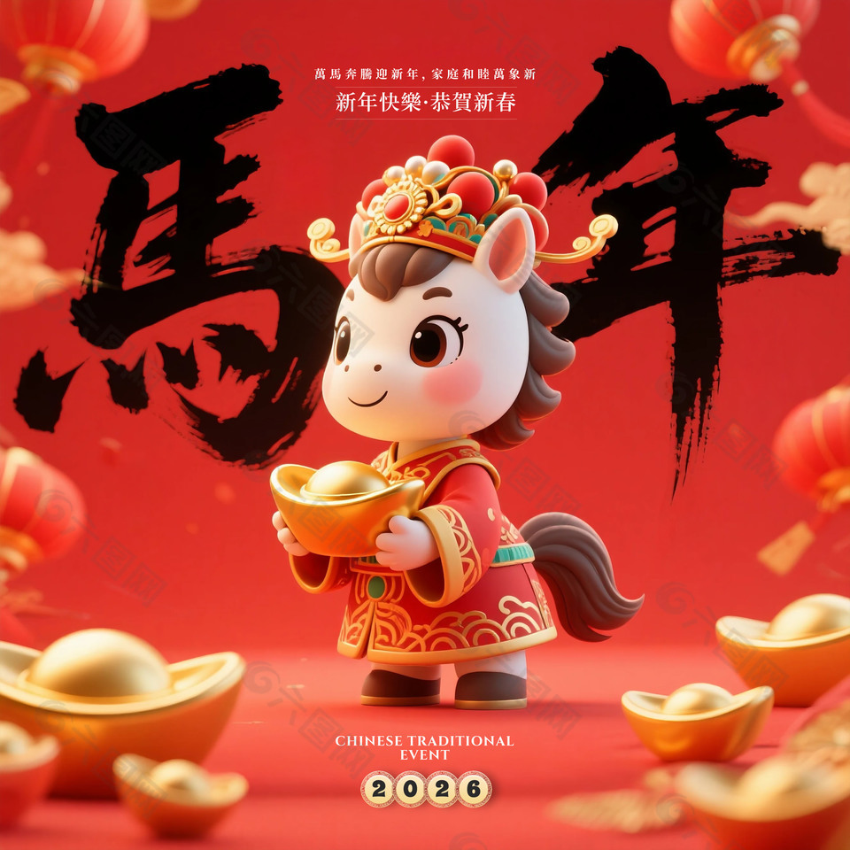 喜庆中国风2026马年恭贺新禧海报
