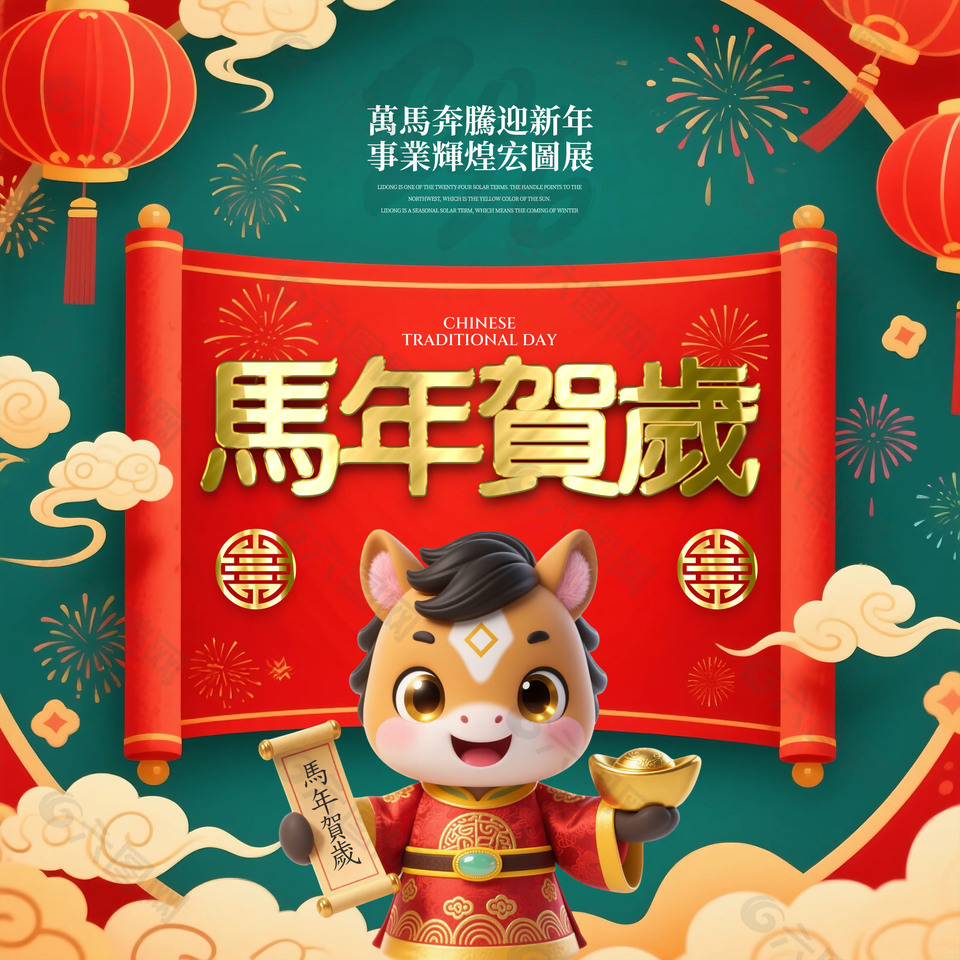 新国风马年贺岁新年快乐海报
