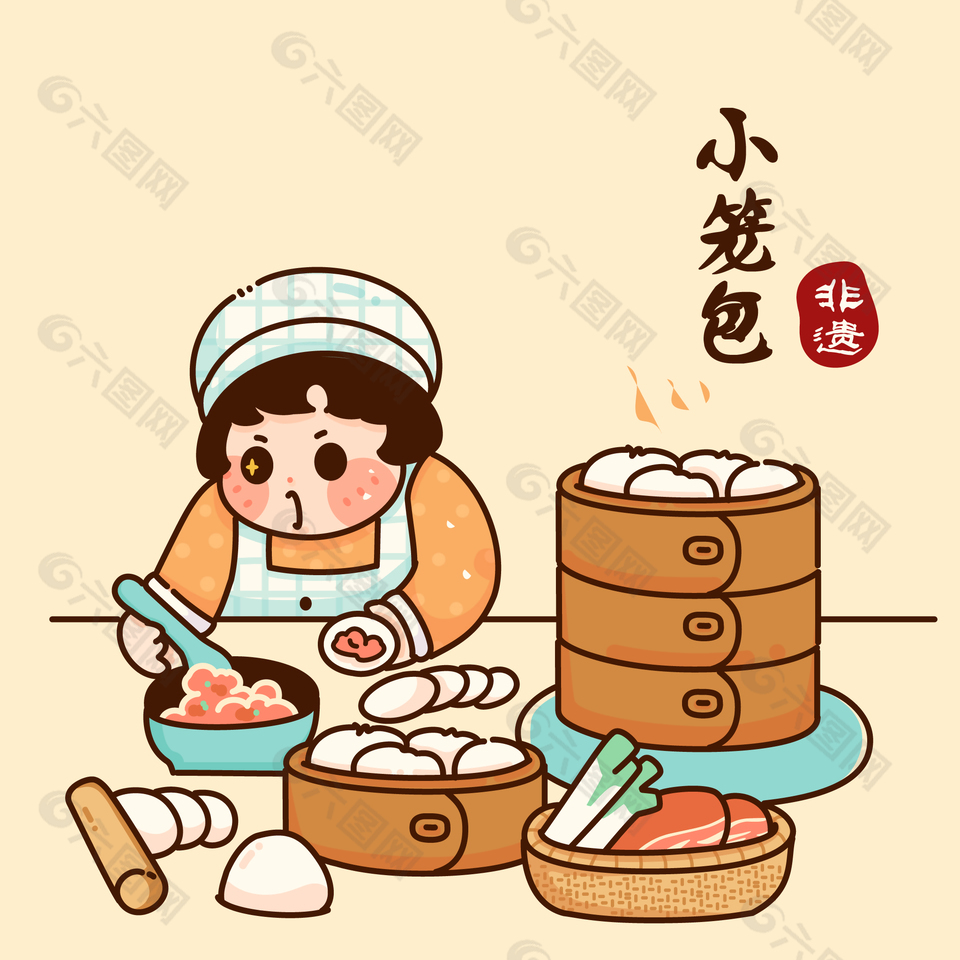 手绘清新中国非遗美食小笼包插画