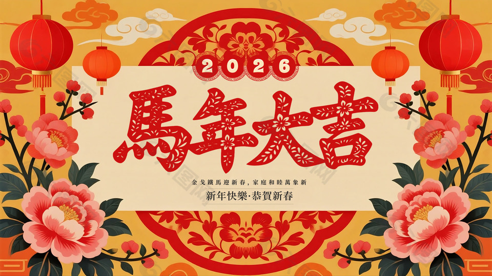 唯美大气花卉装饰2026马年大吉展板
