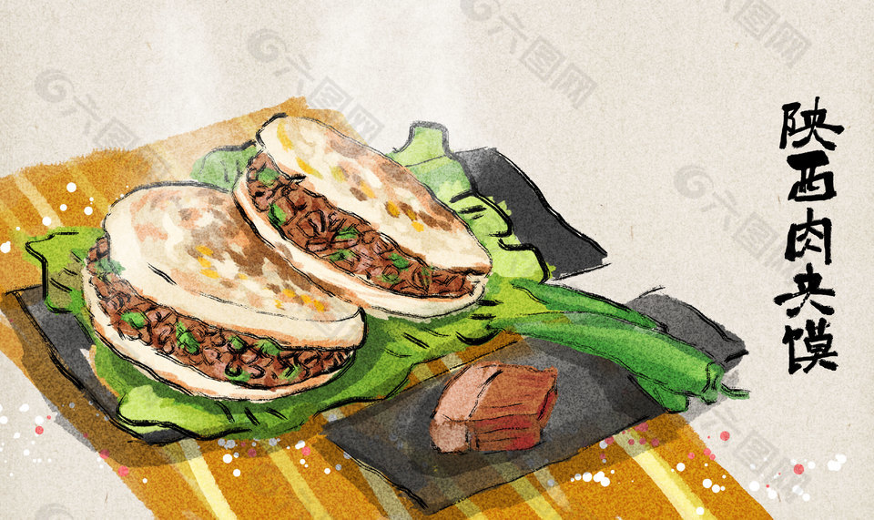 手绘清新简约陕西肉夹馍美食插画