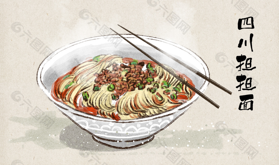 手绘清新简约四川担担面美食插画