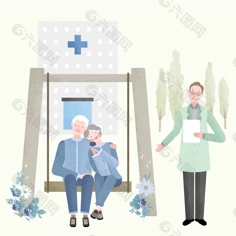 爷爷奶奶医疗生活温馨插画